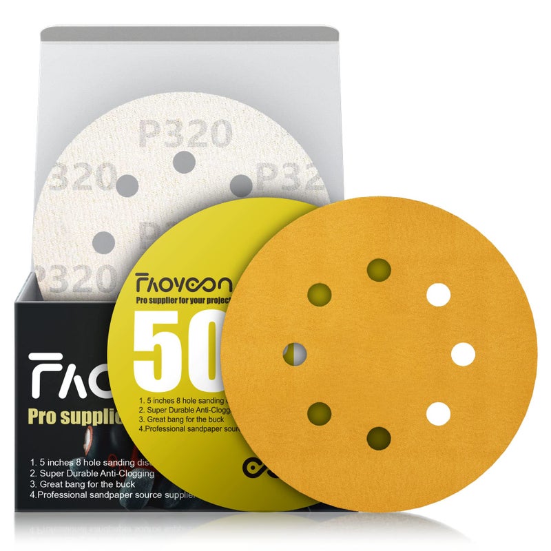 Faoyoon 5 Inch Sanding Discs Hook and Loop | 320 Grit Sandpaper | Orbital Sander Pads | Sand Paper for Automotive and Woodworking | 50 Pack - Image 1